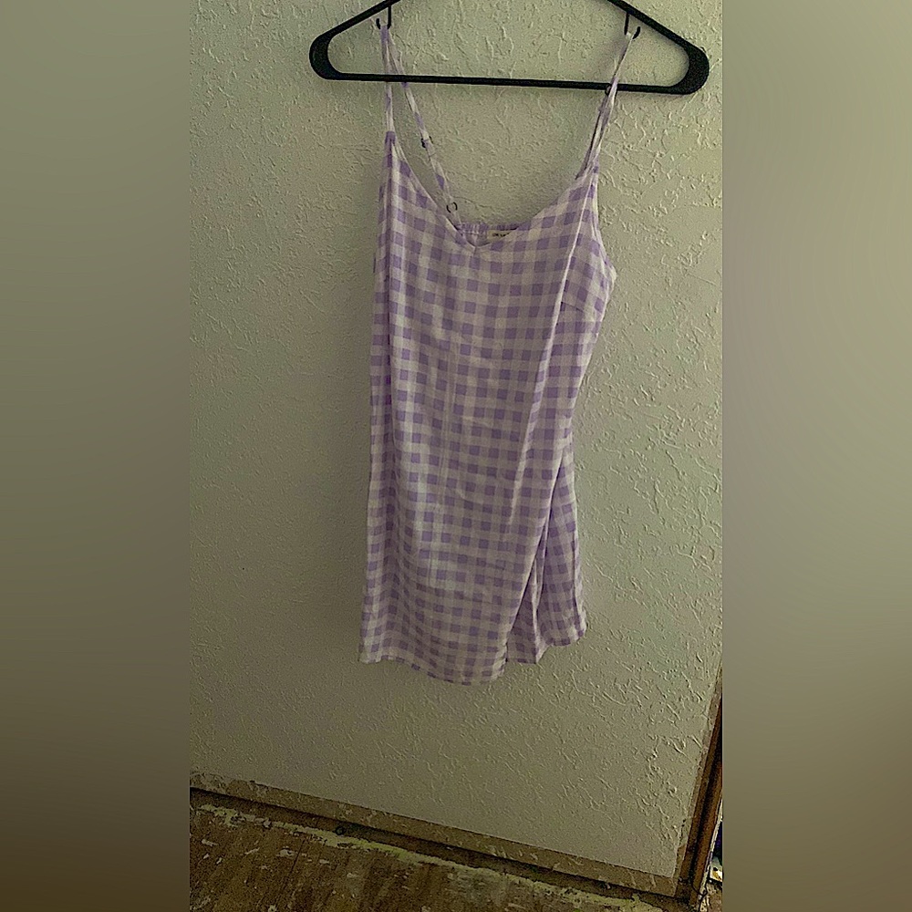 A purple and white plaid dress